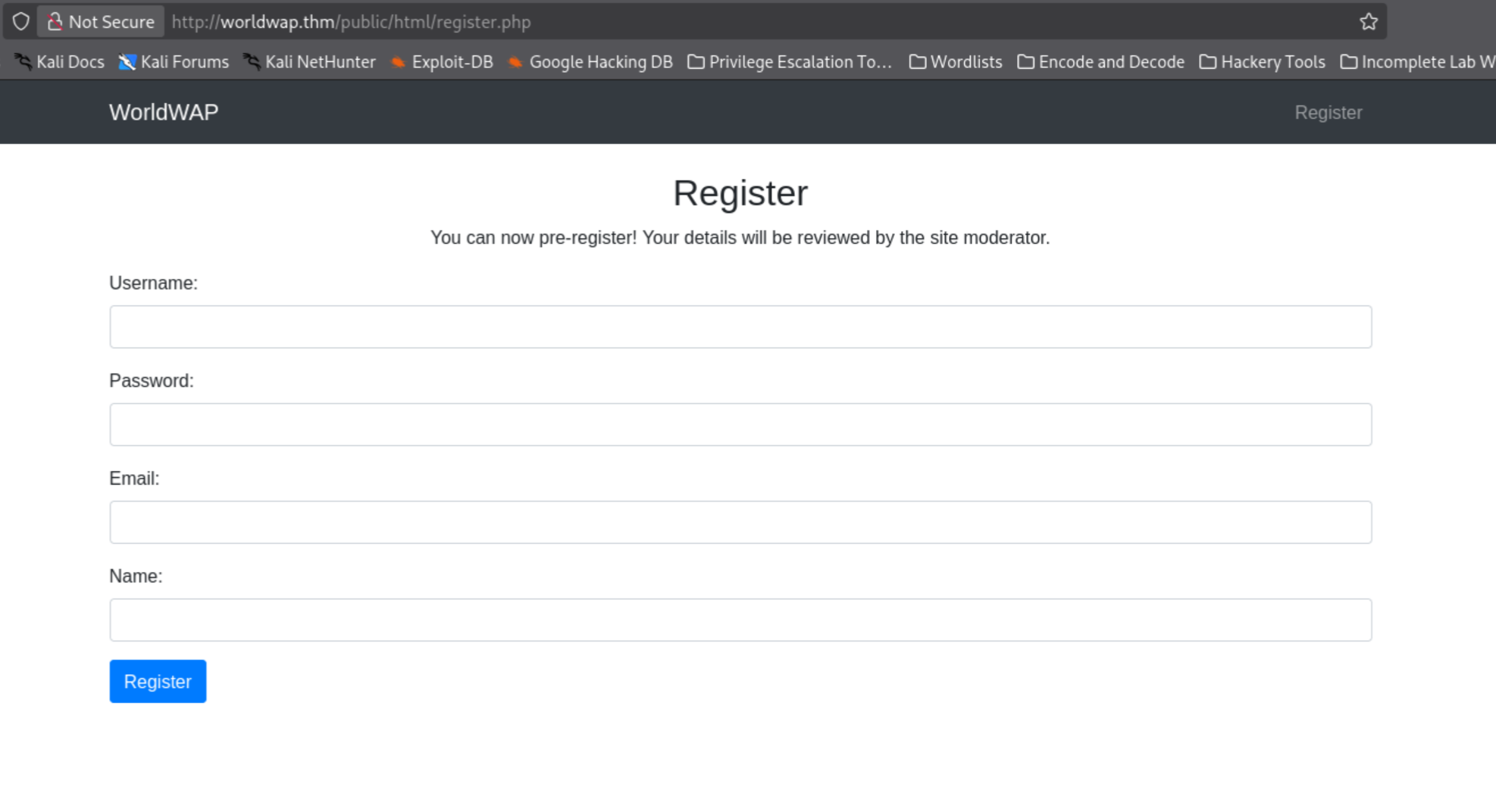 registration page with reviewed by moderator notice